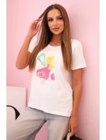 Dámská bavlněná blůza s krátkým rukávem a barevným potiskem ecru Dámská bavlněná blůza s krátkým rukávem a barevným potiskem ecru