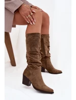 Dámské kozačky s našitou horní částí na podpatku zateplené zelené Paelina