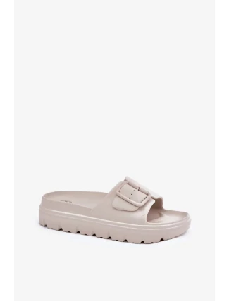 Dámské pěnové pantofle na platformě s přezkou – béžové