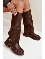 Dámské zateplené kozačky s vyhrnutou holení a přezkou Fiorae – čokoládové, eko semiš