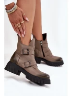 Dámské kotníkové boty z pravé kůže se sponami a ozdobným detailem Zazoo – tmavě béžové