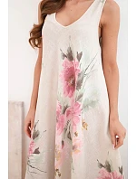 Dámské bavlněné oversize šaty s výstřihem do V a květinovým potiskem béžová