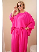Dámský komplet Plus Size z viskózy se širokými kalhotami a halenkou fuchsiová
