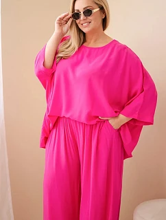 Dámský komplet Plus Size z viskózy se širokými kalhotami a halenkou fuchsiová