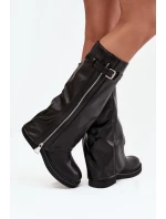 Dámské kozačky s ohrnovaným svrškem, sponou a stříbrným zipem, zateplené Bressa – černé
