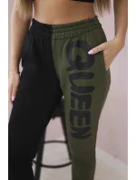 Dámské tepláky s nápisem QUEEN khaki