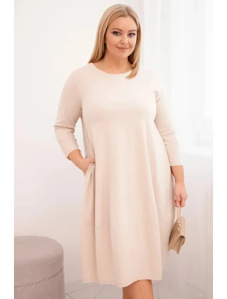 Dámská bavlněná šaty Plus Size s ohrnovacími rukávy a kapsami béžová