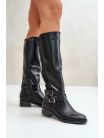 Dámské Kozačky Před Koleno Na Ploché Podpatky S Přezkami Černé Lotina