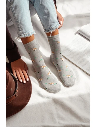 Dámské ponožky s liškami a listy šedý melír