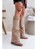 Dámské kozačky na podpatku s vyhrnutou holení Evyra – béžové, eko semiš