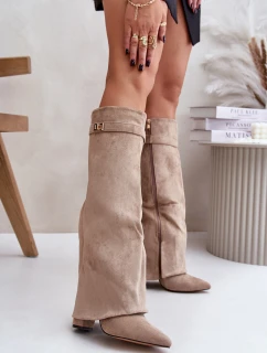 Dámské kozačky na podpatku s vyhrnutou holení Evyra – béžové, eko semiš