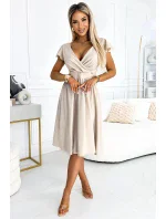 425-7 MATILDE Šaty s výstřihem a krátkými rukávy - béžové 425-7 MATILDE Šaty s výstřihem a krátkými rukávy - béžové