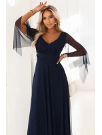655-3 Dlouhé lehké třpytivé šaty s výstřihem a průhlednými rukávy - tmavě modré 655-3 Dlouhé lehké třpytivé šaty s výstřihem a průhlednými rukávy - tmavě modré