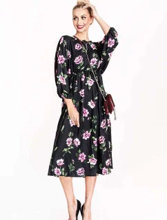 Černo/růžové dámské květované kimonové šaty s kulatým výstřihem Ann Gissy (XY202116)