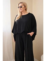 Dámský komplet Plus Size z viskózy se širokými kalhotami a halenkou černý