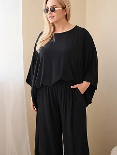 Dámský komplet Plus Size z viskózy se širokými kalhotami a halenkou černý