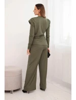 Dámská bavlněná souprava s halenkou a kalhotami s širokým nohavicemi khaki