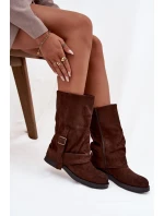 Dámské kozačky s obráceným svrškem do poloviny lýtka s přezkou hnědé Minelle
