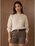 Dámský oversize svetr s copánkovým vzorem, světle béžový, FashionStreet MY2590 Dámský oversize svetr s copánkovým vzorem, světle béžový, FashionStreet MY2590