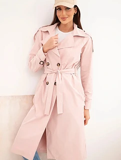Dámský kabát vázaný v pase s límcem tmavý pudrový růžový
