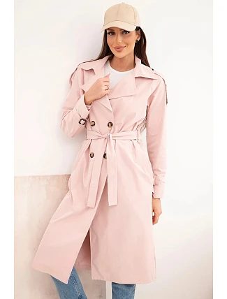 Dámský kabát vázaný v pase s límcem tmavý pudrový růžový Dámský kabát vázaný v pase s límcem tmavý pudrový růžový