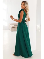 643-1 Elegantní večerní maxi šaty s rozparkem a růžemi - lahvově zelené 643-1 Elegantní večerní maxi šaty s rozparkem a růžemi - lahvově zelené