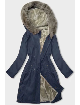 Tmavě modrá dámská bunda parka s kožešinovou podšívkou (5M3180-215)