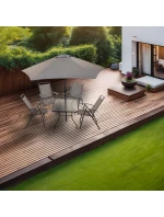 SADA ZAHRADNÍHO NÁBYTKU SYDNEY STŮL 4 ŽIDLE A SLUNEČNÍK ŠEDÁ