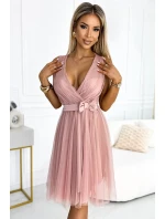 523-1 Tylové šaty s výstřihem a mašlí - BRUCE PINK