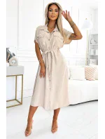 550-1 Midi košilka se zlatými knoflíky, vázáním a krátkými rukávy - béžová 550-1 Midi košilka se zlatými knoflíky, vázáním a krátkými rukávy - béžová