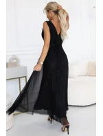 637-2 Večerní dlouhé šaty s brokátovým akcentem a hlubokým výstřihem - černé