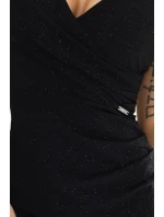 610-1 Oslnivé brokátové tužkové šaty s obálkovým výstřihem a ramínky - černé