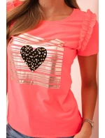 Dámská bavlněná blůza s volánem a srdcem z kamínků růžový neon Dámská bavlněná blůza s volánem a srdcem z kamínků růžový neon