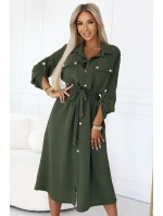 531-5 Midi košilka se zlatými knoflíky a vázáním - KHAKI 531-5 Midi košilka se zlatými knoflíky a vázáním - KHAKI