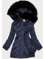Tmavě modrá prošívaná dámská zimní bunda s kapucí (w732)