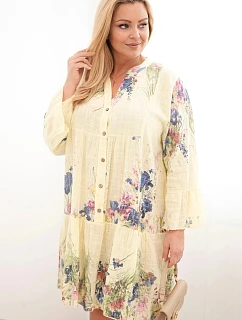 Dámské bavlněné šaty Plus Size s výstřihem do V a knoflíky květinový vzor žlutá
