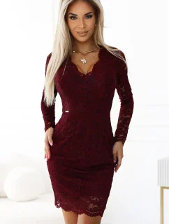 170-14 Krajkové šaty s dlouhými rukávy a výstřihem - DARK maroon
