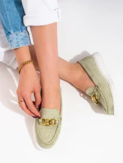 Pohodlné dámské zelené mokasíny bez podpatku