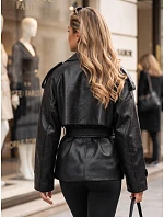 Dámská dvouřadá bunda z ekokůže s páskem, černá, FashionStreet TY5911