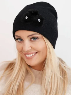 Dámská čepice s ozdobnými chlupatými květinami elegantní černá
