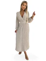 504-2 VIVIANA Plisované midi šaty s výstřihem, dlouhými rukávy a širokým páskem - BEACH