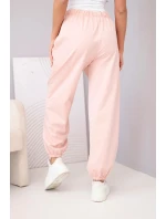 Dámské bavlněné kalhoty s vysokým pasem a ozdobným knoflíkem tmavě pudrově růžové