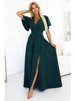 581-8 JENNIFER dlouhé šaty s rozparkem na nohou, rukávy a výstřihem - lahvově zelené