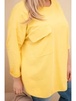 Dámská blůza Plus Size s bavlnou, kapsou a ohrnovacími rukávy žlutá