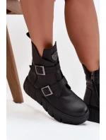 Kožené zateplené dámské kotníčkové boty na platformě s přezkami Vinceza 66842 Černé
