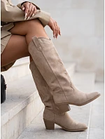 Dámské kožené kovbojské kozačky na podpatku, béžové, FashionStreet ZY1464 Dámské kožené kovbojské kozačky na podpatku, béžové, FashionStreet ZY1464