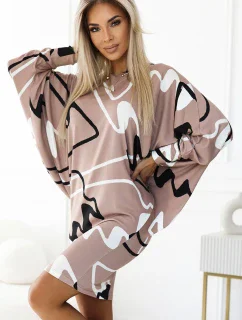 402-8 Svetr pohodlné netopýří šaty s výstřihem - béžové s černobílým vzorem