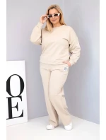 Dámský komplet Plus Size bavlněný s volnou mikinou a kalhotami s širokým nohavicí béžový