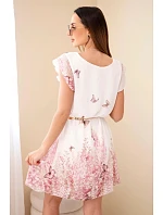 Dámské šaty s plisovaným rukávem a ozdobným páskem růžová Dámské šaty s plisovaným rukávem a ozdobným páskem růžová