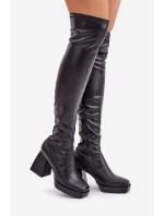 Přiléhavé kozačky nad kolena na podpatku tmavě hnědé Sanniraen